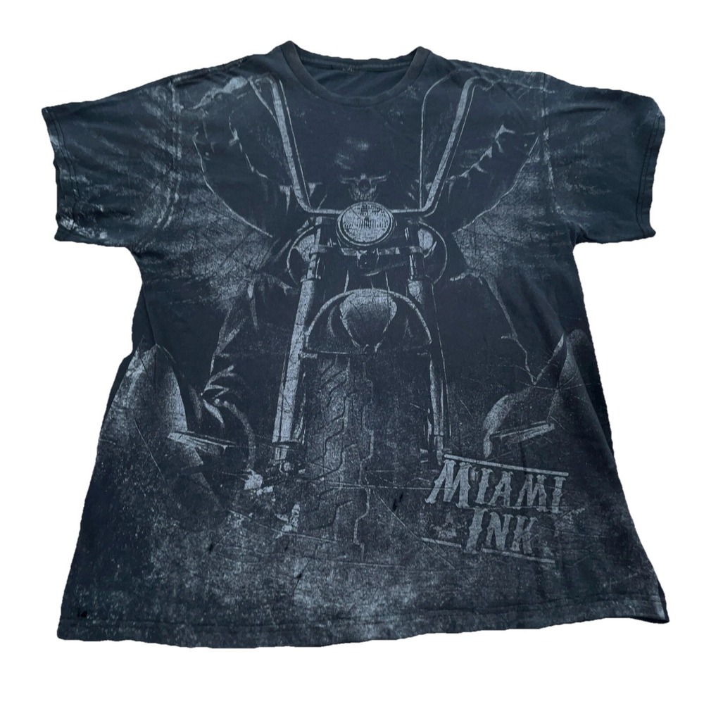 Vintage Y2K Miami Ink Shirt Men Medium Black Tee Faded All Over Tattoo Biker *